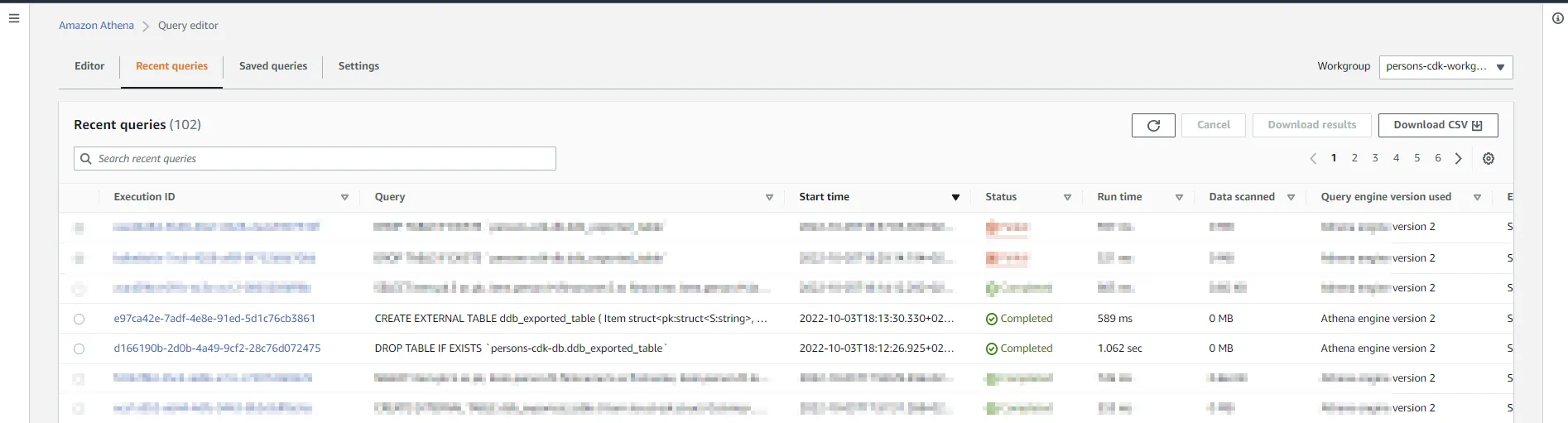 ddb export sfn athena recent queries