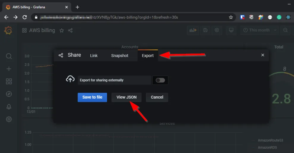 grafana dashboard export view json