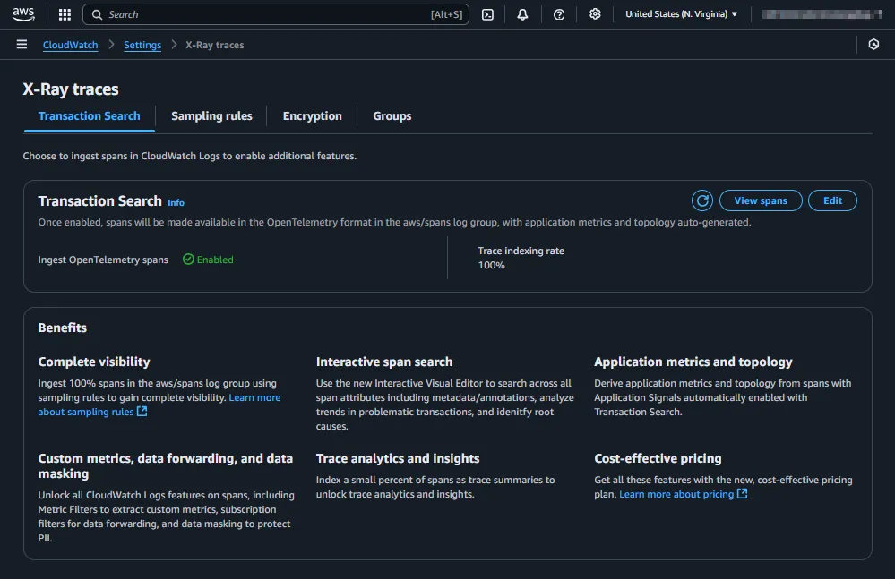 application signals transaction search enabled in x-ray settings