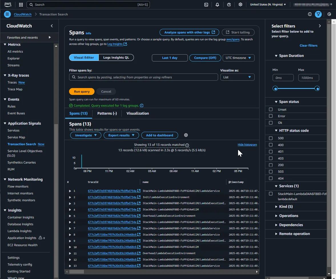 application signals transaction search enabled in cloudwatch