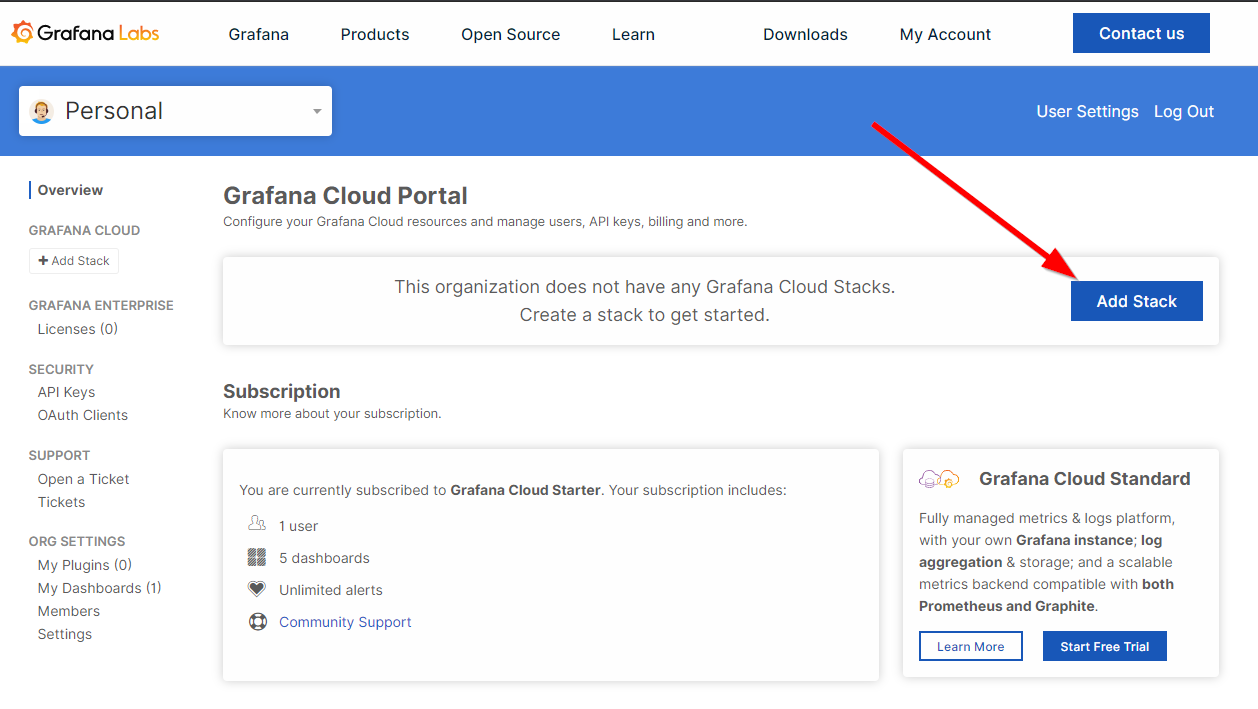 Grafana Cloud add stack