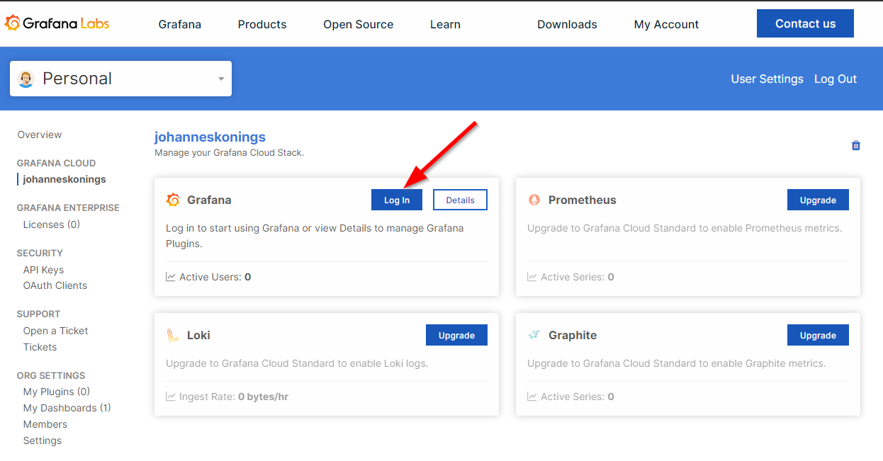 Grafana Cloud instance login
