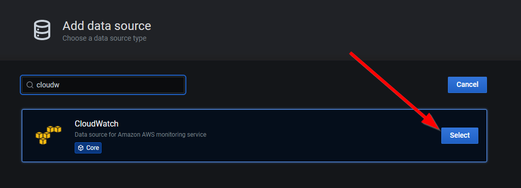 Grafana Cloud select cloudwatch datasource