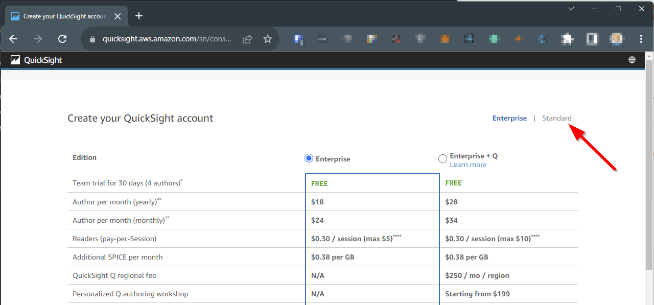 quicksight choose standard
