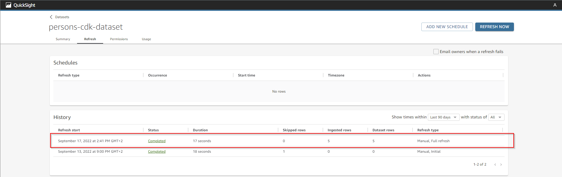 quicksight dataset imported rows