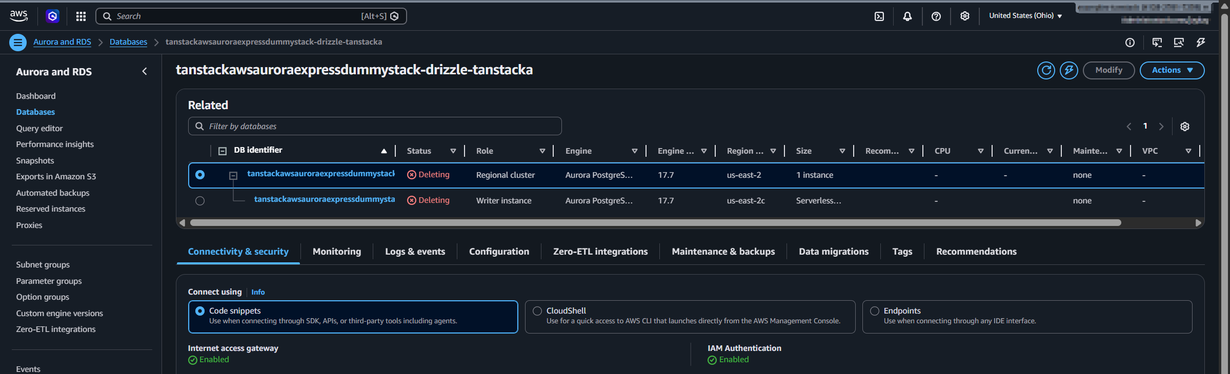 Aurora cluster deletion state