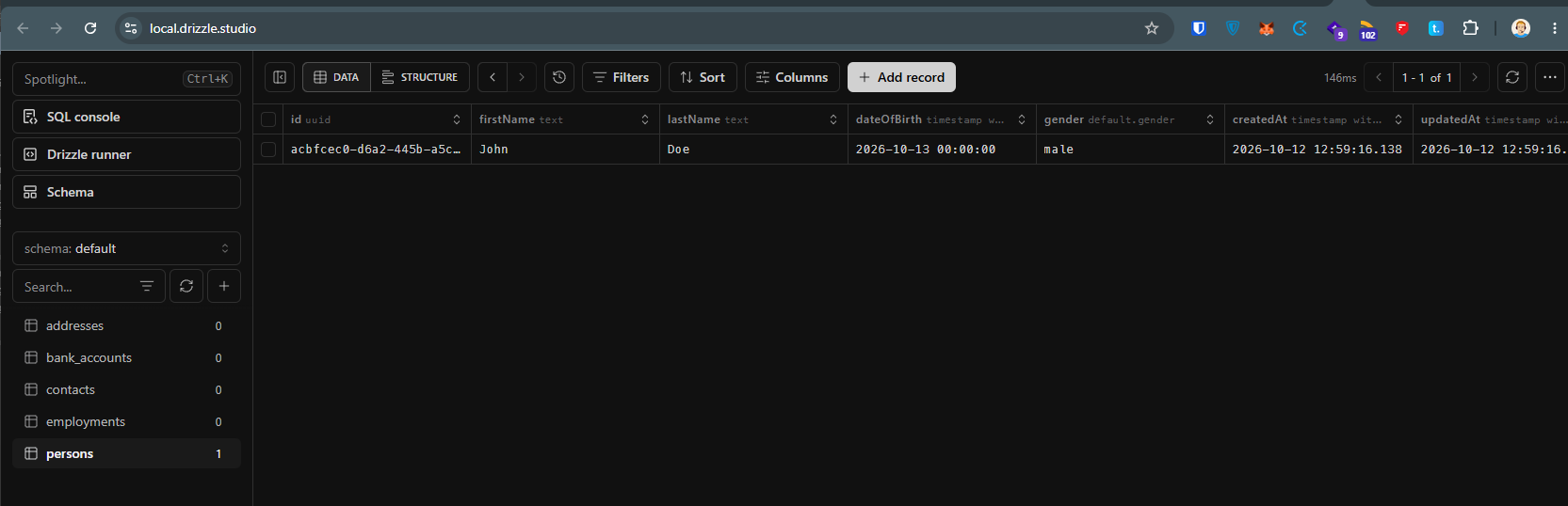 Drizzle Studio showing the persons table in schema default