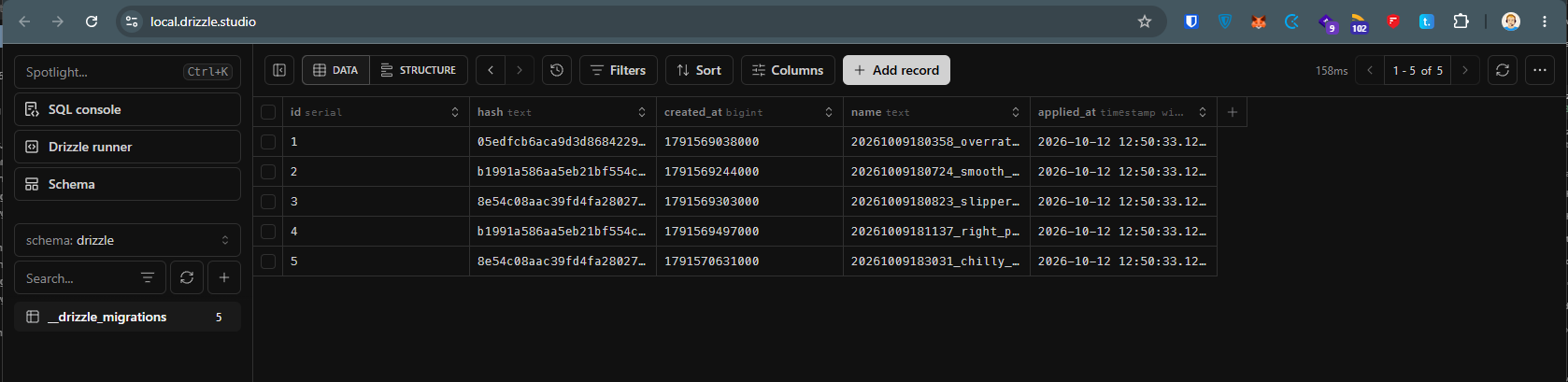 Drizzle Studio listing five applied migrations in __drizzle_migrations