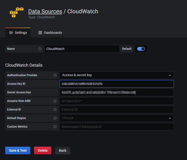 Grafana Cloud configuration cloudwatch datasource