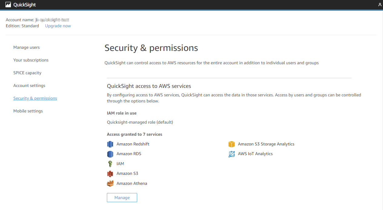 quicksight permission access to aws services